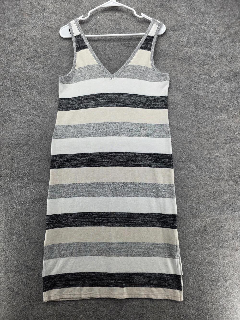 GAP Knit Midi Dress Womens Small Gray Black Stripe V Neck Sleeveless Stretch